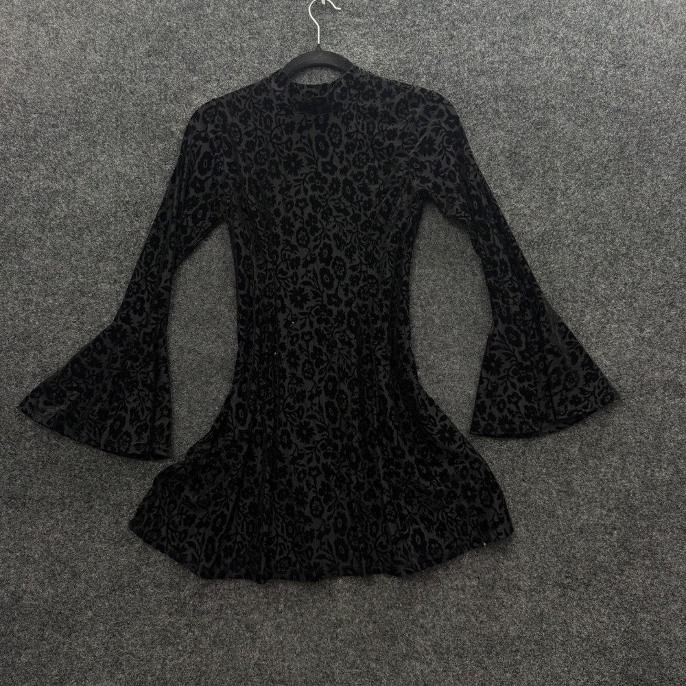 Lily Rose Black Velvet Burnout Bell Sleeve Babydoll Dress Y2K Mock Neck XS